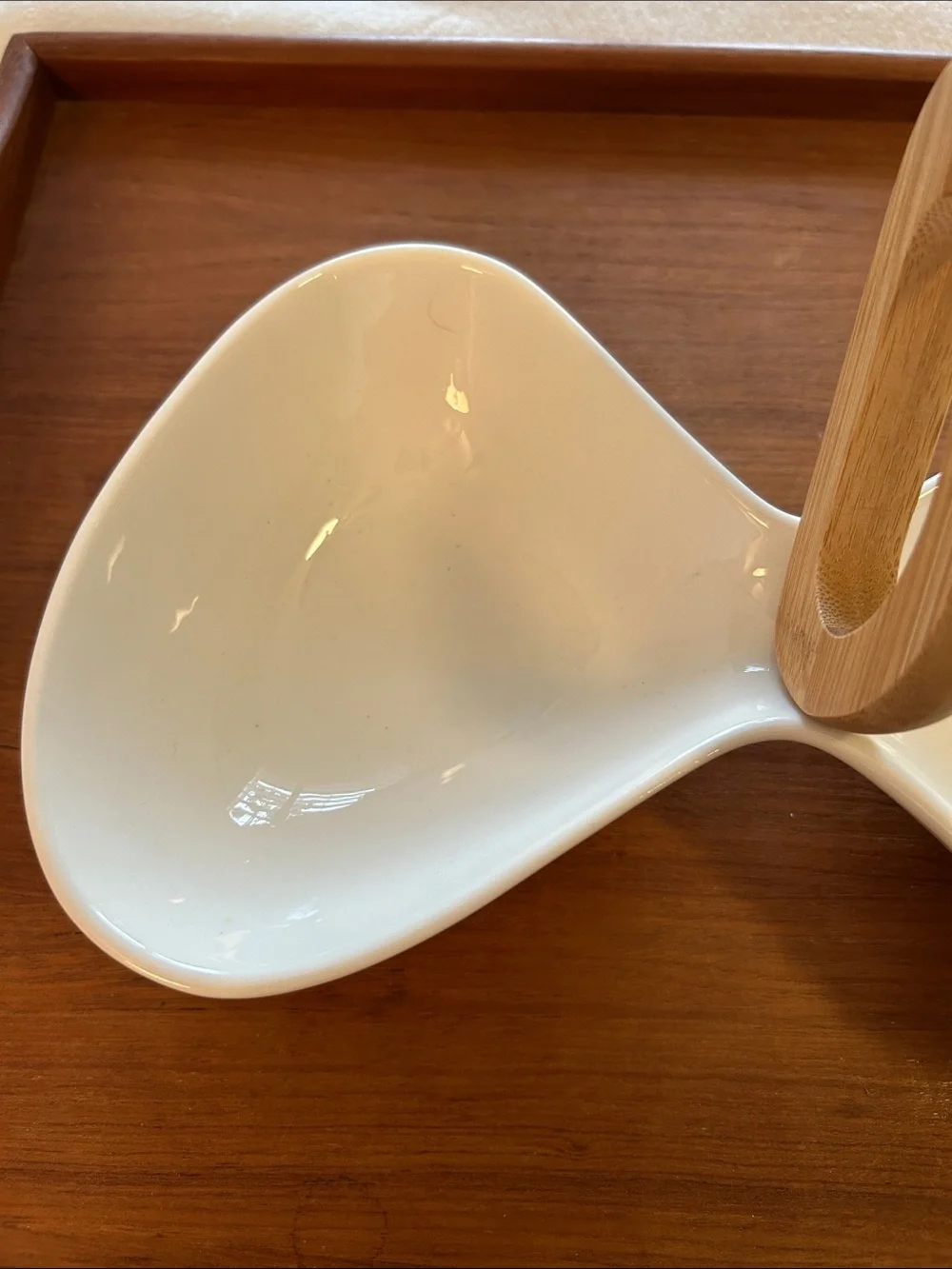 VTG MCM BRANDANI ITALY Large White Ceramic Divided Dish Bamboo Handle